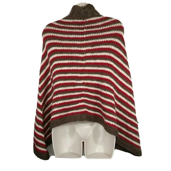 Multicolor Knit Poncho Cowl Neck Brown Red White Pullover One Size Fits Most - Picture 3 of 5